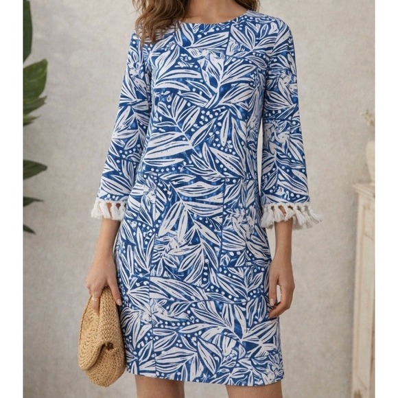 J.McLaughlin Dresses & Skirts - J McLaughlin Brenda Shift Dress Catalina Blue White Willow Bluff Tassel Small